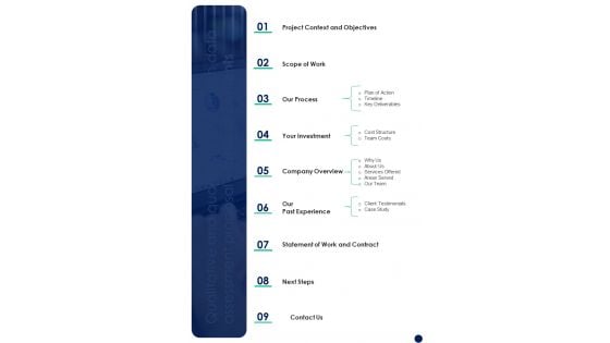 Qualitative And Quantitative Research Data Assessment Proposal Table Of Contents One Pager Sample Example Document