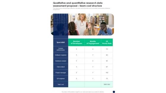 Qualitative And Quantitative Research Data Assessment Proposal Team Cost Structure One Pager Sample Example Document