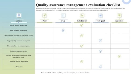 Quality Assurance Management Evaluation Checklist Brochure PDF