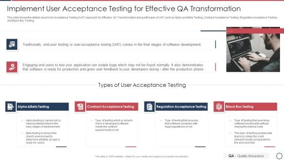 Quality Assurance Transformation Strategies To Improve Business Performance Efficiency Implement User Acceptance Testing Mockup PDF Quality Assurance Transformation Strategies To Improve Business Performance Efficiency Implement User Acceptance Testing Mockup PDF