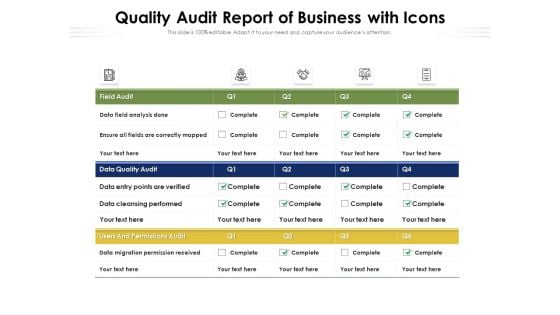 Quality Audit Report Of Business With Icons Ppt PowerPoint Presentation Layouts Inspiration PDF