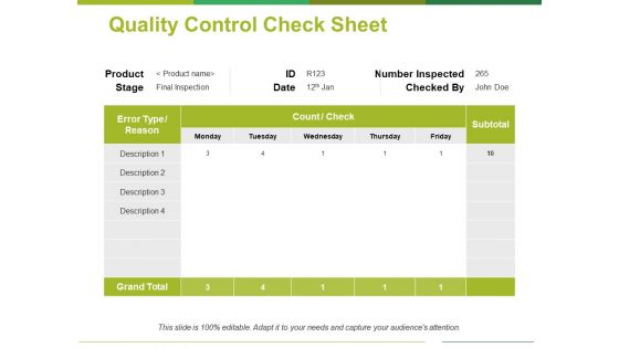 Quality Control Check Sheet Template 1 Ppt PowerPoint Presentation Model Guide