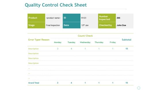 Quality Control Check Sheet Template 2 Ppt PowerPoint Presentation Visual Aids Pictures