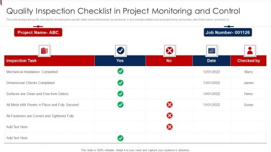 Quality Inspection Checklist In Project Monitoring And Control Structure PDF Quality Inspection Checklist In Project Monitoring And Control Structure PDF