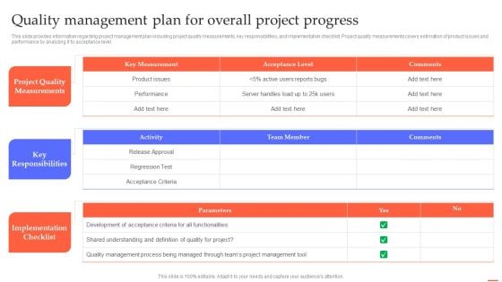 Quality Management Plan For Overall Project Progress Efficient Project Administration By Leaders Icons PDF