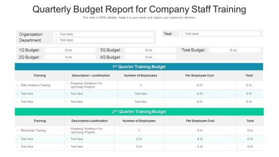 Quarterly Budget Report For Company Staff Training Ppt Icon Slide PDF