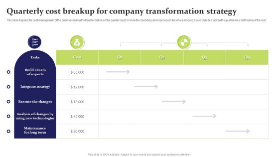 Quarterly Cost Breakup For Company Transformation Strategy Ppt Ideas Outline PDF