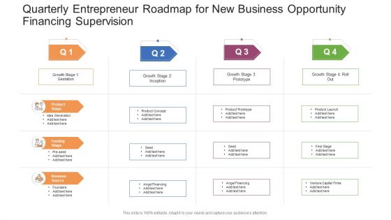 Quarterly Entrepreneur Roadmap For New Business Opportunity Financing Supervision Professional PDF