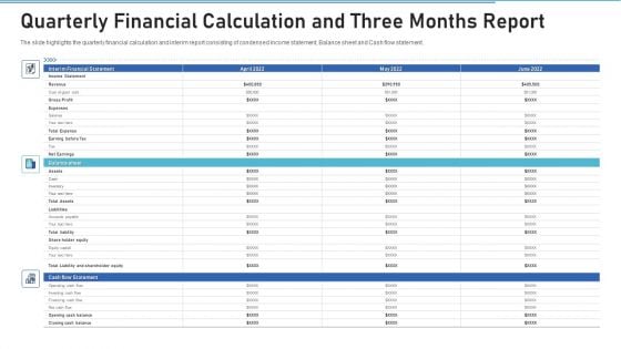Quarterly Financial Calculation And Three Months Report Portrait PDF Quarterly Financial Calculation And Three Months Report Portrait PDF