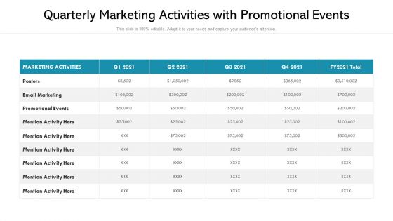 Quarterly Marketing Activities With Promotional Events Ppt Styles Background Images PDF