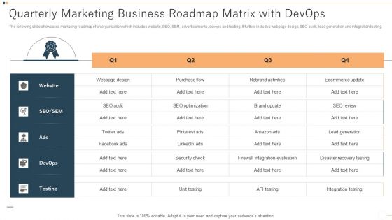 Quarterly Marketing Business Roadmap Matrix With Devops Guidelines PDF