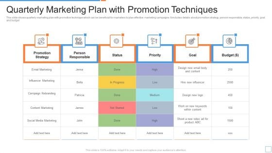 Quarterly Marketing Plan With Promotion Techniques Ppt PowerPoint Presentation File Templates PDF Quarterly Marketing Plan With Promotion Techniques Ppt PowerPoint Presentation File Templates PDF