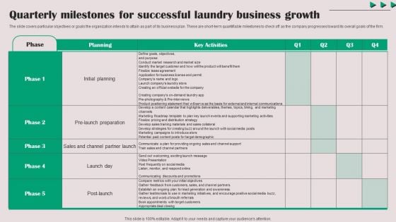 Quarterly Milestones For Successful Laundry Business Growth Diagrams PDF