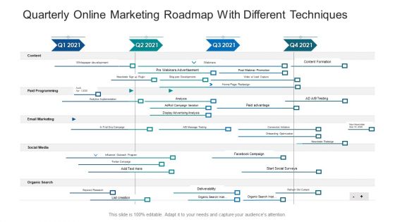 Quarterly Online Marketing Roadmap With Different Techniques Ppt Ideas Brochure PDF Quarterly Online Marketing Roadmap With Different Techniques Ppt Ideas Brochure PDF