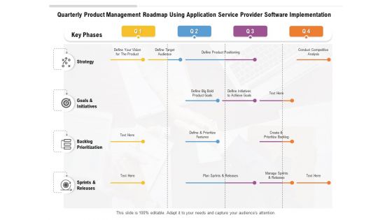 Quarterly Product Management Roadmap Using Application Service Provider Software Implementation Graphics