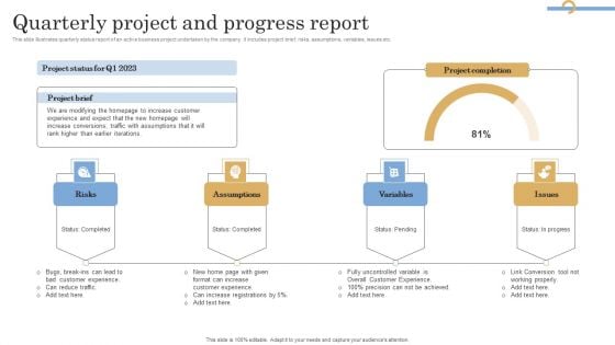 Quarterly Project And Progress Report Infographics PDF