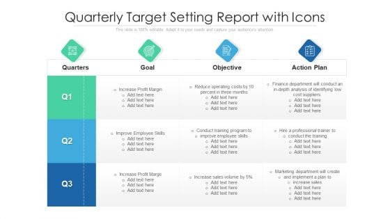 Quarterly Target Setting Report With Icons Ppt PowerPoint Presentation Gallery Icons PDF