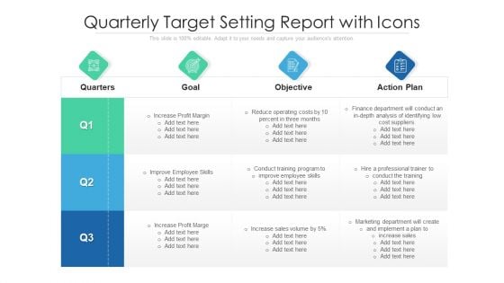 Quarterly Target Setting Report With Icons Ppt PowerPoint Presentation Gallery Icons PDF Quarterly Target Setting Report With Icons Ppt PowerPoint Presentation Gallery Icons PDF