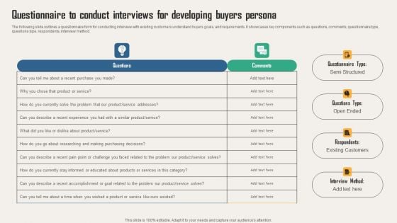 Questionnaire To Conduct Interviews For Developing Buyers Persona Topics PDF