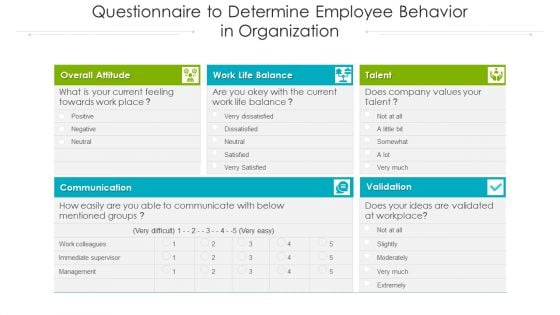 Questionnaire To Determine Employee Behavior In Organization Ppt PowerPoint Presentation Model Gridlines PDF Questionnaire To Determine Employee Behavior In Organization Ppt PowerPoint Presentation Model Gridlines PDF