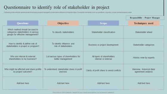 Questionnaire To Identify Role Of Stakeholder In Project Background PDF