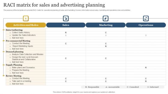 RACI Matrix For Sales And Advertising Planning Designs PDF