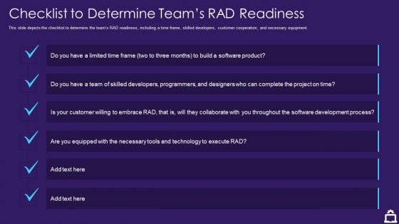 RAD Approach IT Checklist To Determine Teams RAD Readiness Ppt Pictures Demonstration PDF