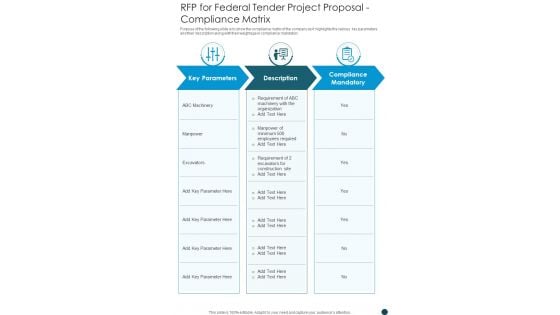 RFP For Federal Tender Project Proposal Compliance Matrix One Pager Sample Example Document RFP For Federal Tender Project Proposal Compliance Matrix One Pager Sample Example Document