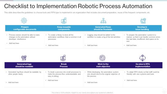 RPA IT Checklist To Implementation Robotic Process Automation Ppt Professional Layouts PDF