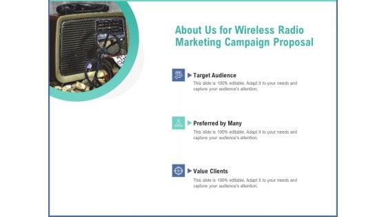 Radio Marketing Plan Product Launch About Us For Wireless Radio Marketing Campaign Proposal Background PDF