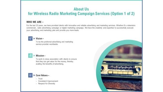 Radio Marketing Plan Product Launch About Us For Wireless Radio Marketing Campaign Services Clipart PDF