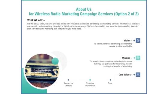 Radio Marketing Plan Product Launch About Us For Wireless Radio Marketing Campaign Services Vision Clipart PDF