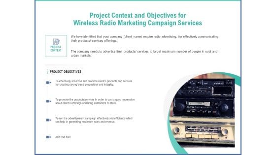 Radio Marketing Plan Product Launch Project Context And Objectives For Wireless Radio Marketing Campaign Services Topics PDF