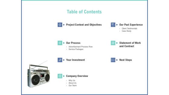 Radio Marketing Plan Product Launch Table Of Contents Information PDF