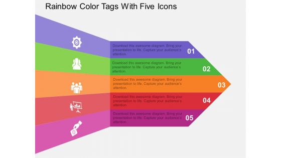 Rainbow Color Tags With Five Icons Powerpoint Template