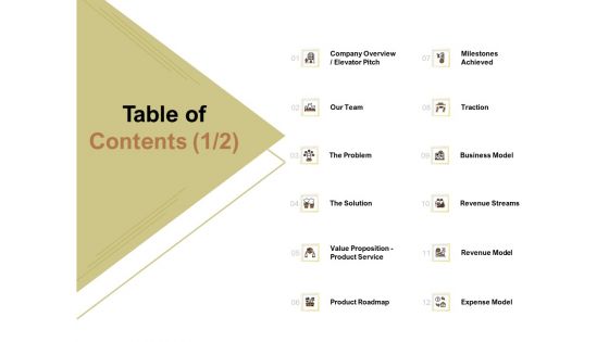 Raise Capital For Business Table Of Contents Revenue Ppt File Design Inspiration PDF