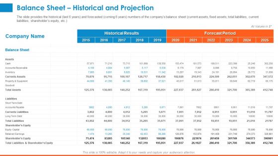 Raising Company Capital From Public Funding Sources Balance Sheet Historical And Projection Pictures PDF