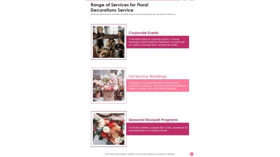 Range Of Services For Floral Decorations Service One Pager Sample Example Document