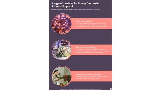 Range Of Services For Flower Decoration Business Proposal One Pager Sample Example Document Range Of Services For Flower Decoration Business Proposal One Pager Sample Example Document