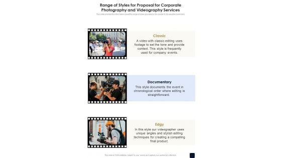 Range Of Styles For Corporate Photography And Videography Services One Pager Sample Example Document Range Of Styles For Corporate Photography And Videography Services One Pager Sample Example Document