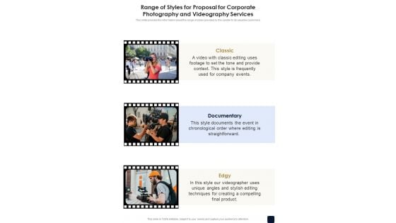 Range Of Styles For Corporate Photography And Videography Services One Pager Sample Example Document