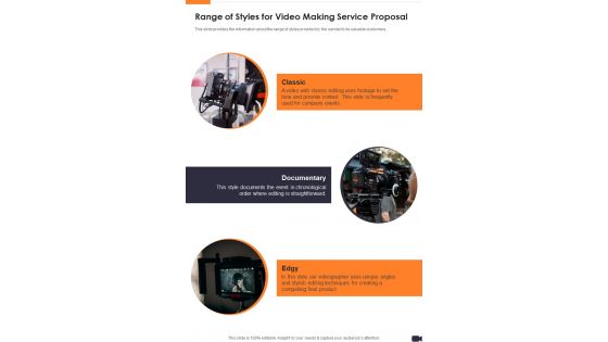 Range Of Styles For Video Making Service Proposal One Pager Sample Example Document