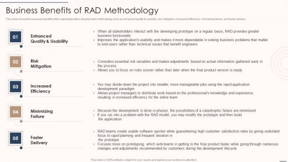 Rapid Application Building Framework Business Benefits Of RAD Methodology Diagrams PDF