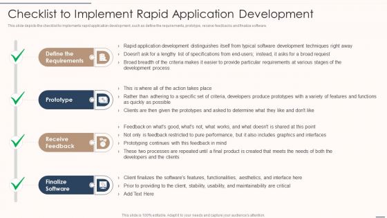 Rapid Application Building Framework Checklist To Implement Rapid Application Development Icons PDF