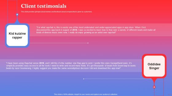 Rapping Platform Investor Funding Elevator Pitch Deck Client Testimonials Icons PDF