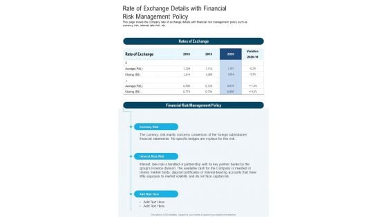 Rate Of Exchange Details With Financial Risk Management Policy One Pager Documents