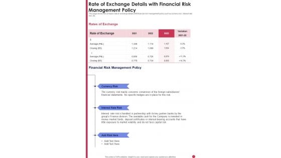 Rate Of Exchange Details With Financial Risk Management Policy Template 287 One Pager Documents