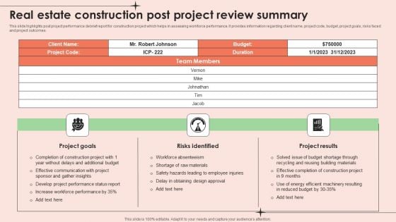 Real Estate Construction Post Project Review Summary Portrait PDF Real Estate Construction Post Project Review Summary Portrait PDF