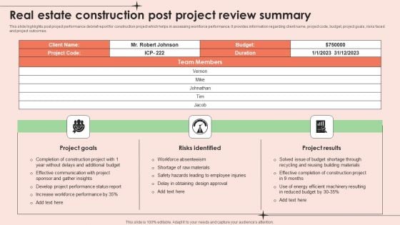 Real Estate Construction Post Project Review Summary Portrait PDF