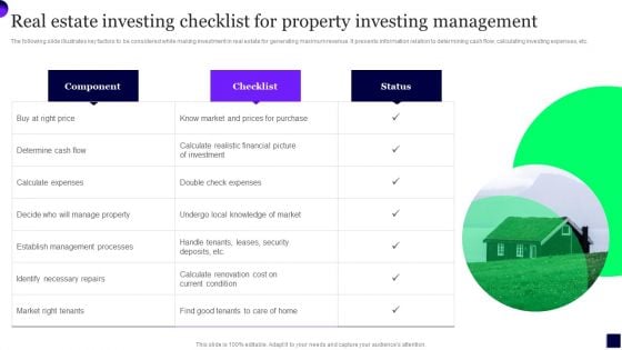 Real Estate Investing Checklist For Property Investing Management Themes PDF